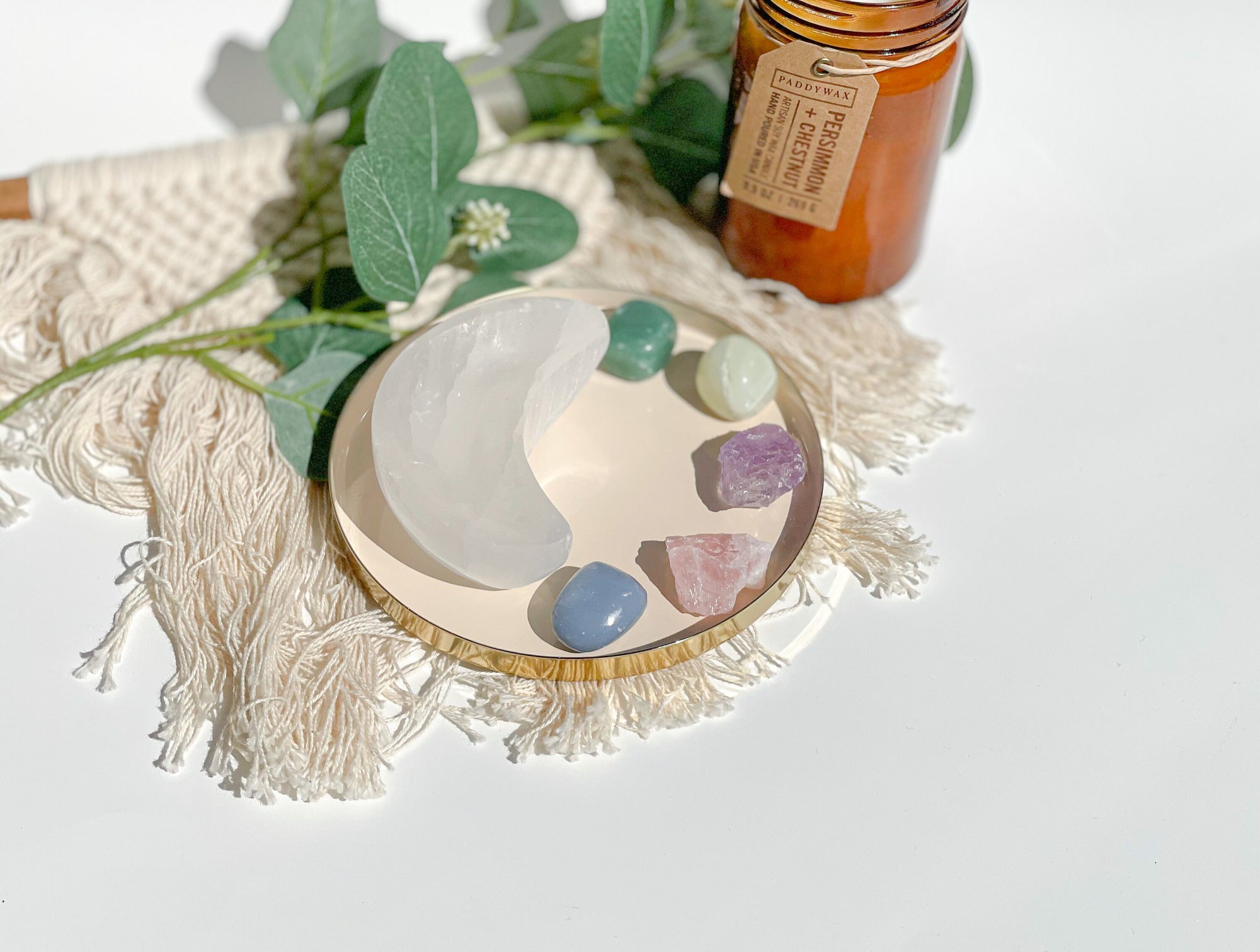 Aquarius Zodiac Crystal Set & Selenite Moon Bowl: Angelite, Aventurine, Jade, Amethyst, Rose Quartz - Healing Stones with Celestial Design