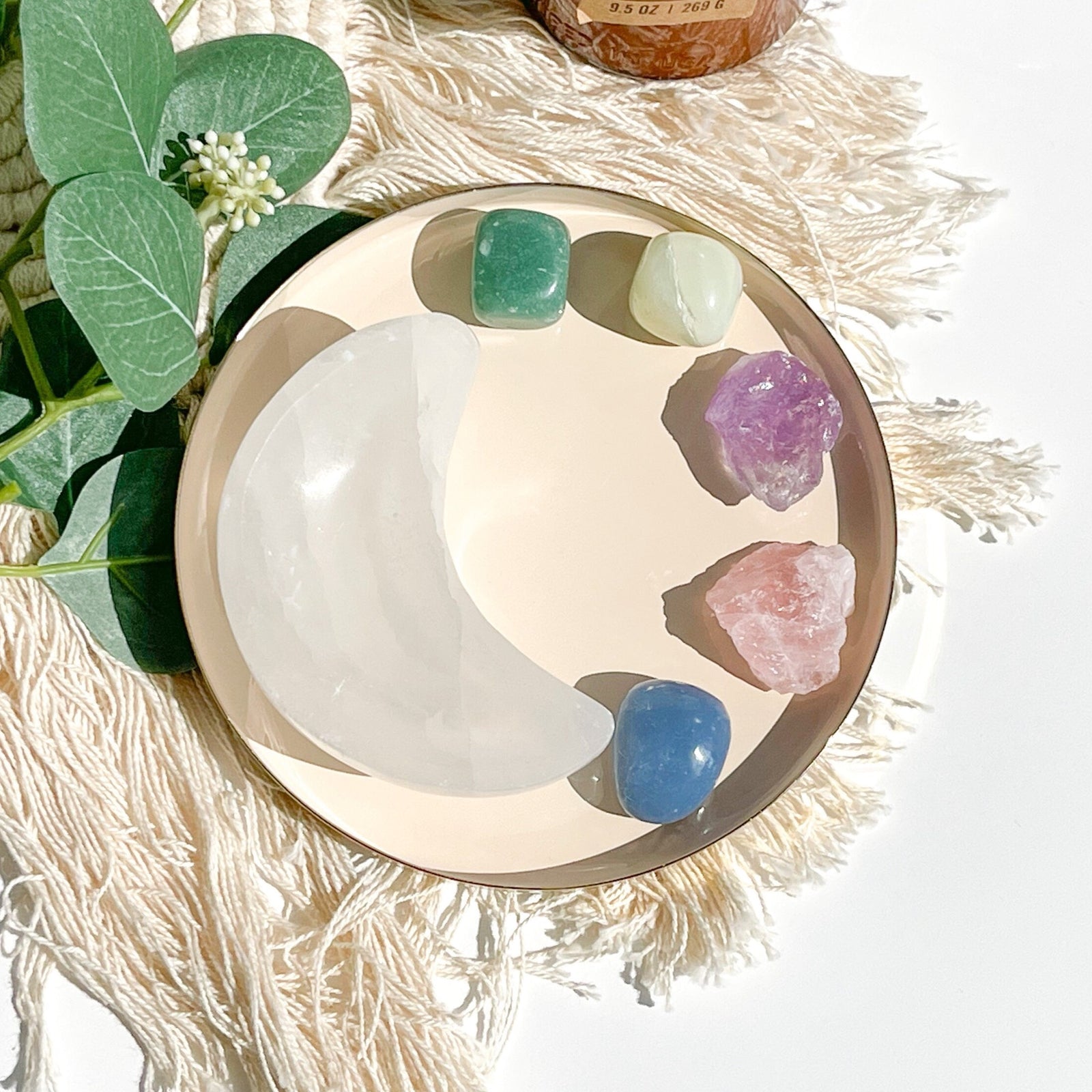 Aquarius Zodiac Crystal Set & Selenite Moon Bowl: Angelite, Aventurine, Jade, Amethyst, Rose Quartz - Healing Stones with Celestial Design