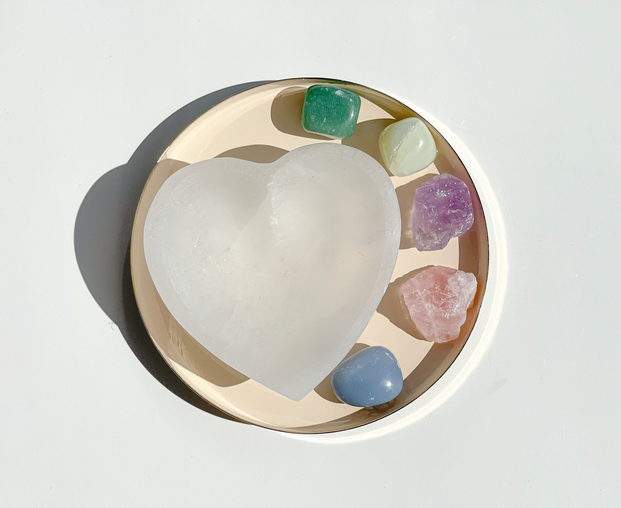 Aquarius Crystal Set & Selenite Heart Bowl: Angelite, Aventurine, Jade, Amethyst, Rose Quartz - Healing Stones with Love-Inspired Design