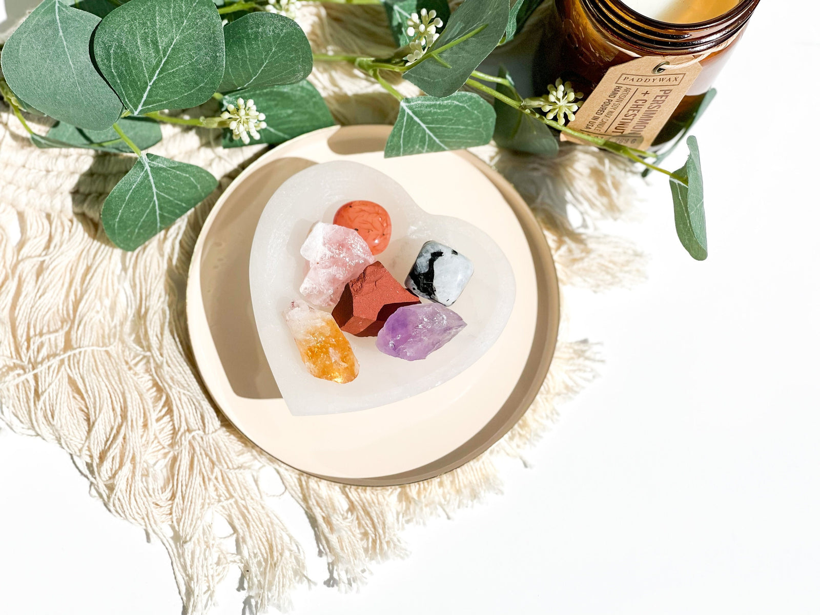 Cancer Crystals + Selenite Heart Bowl : Carnelian, Red Jasper, Moonstone, Amethyst, Citrine, Rose Quartz, Cotton Pouch & Info Card"