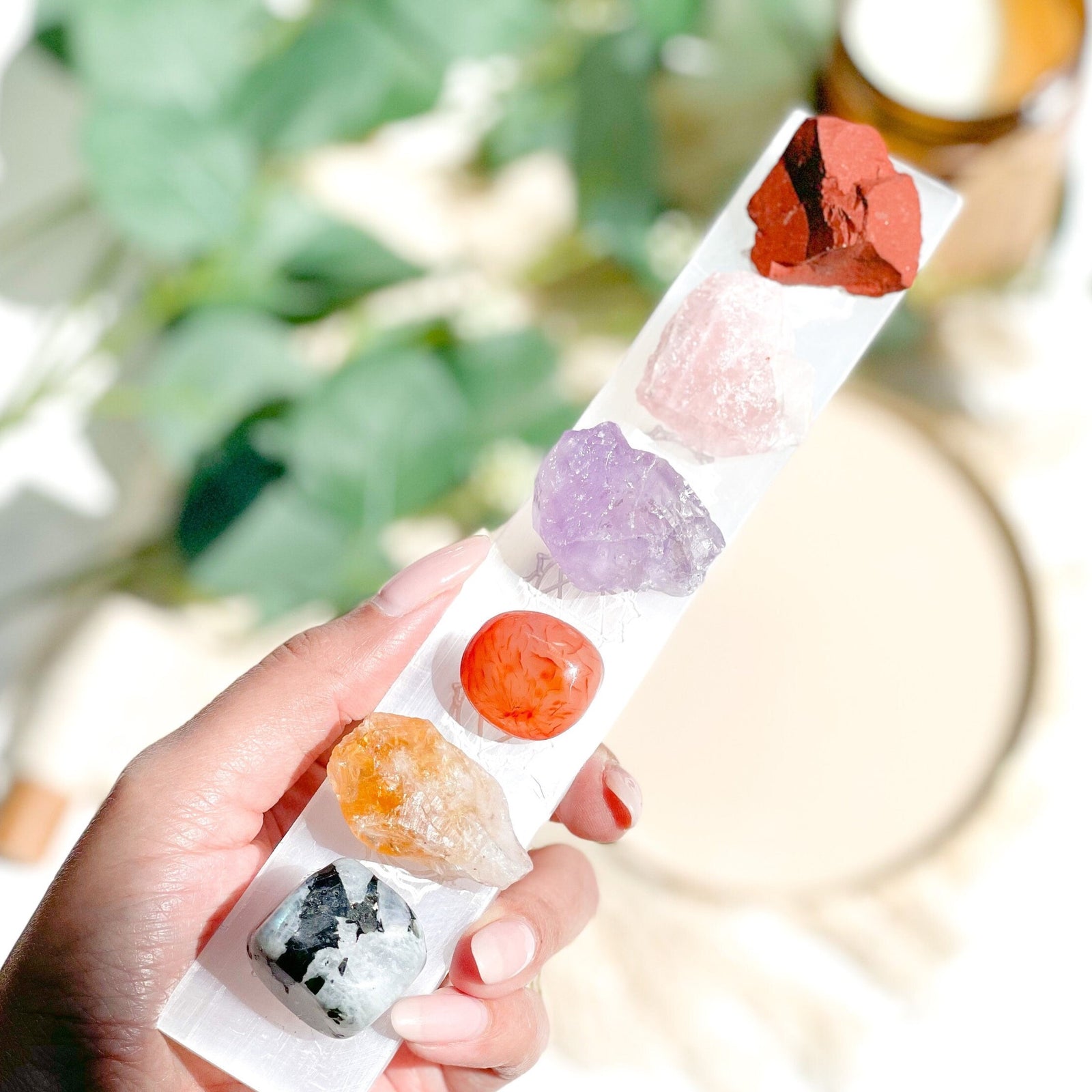 Cancer Zodiac Crystal Healing Collection: Carnelian, Red Jasper, Moonstone, Amethyst, Citrine, Rose Quartz & Chakra Symbol Selenite Plate