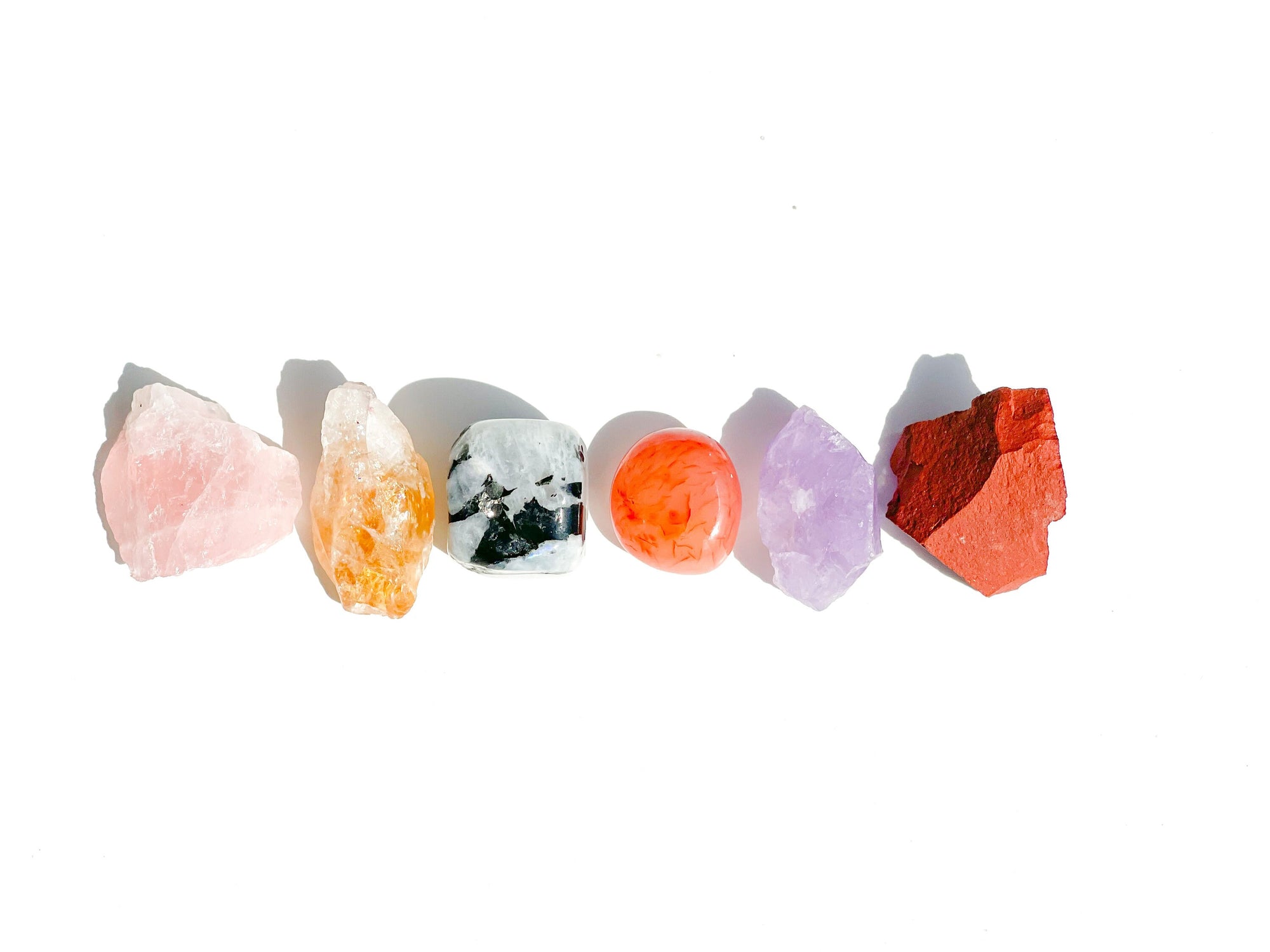 Cancer Zodiac Crystal Healing Collection: Carnelian, Red Jasper, Moonstone, Amethyst, Citrine, Rose Quartz & Chakra Symbol Selenite Plate