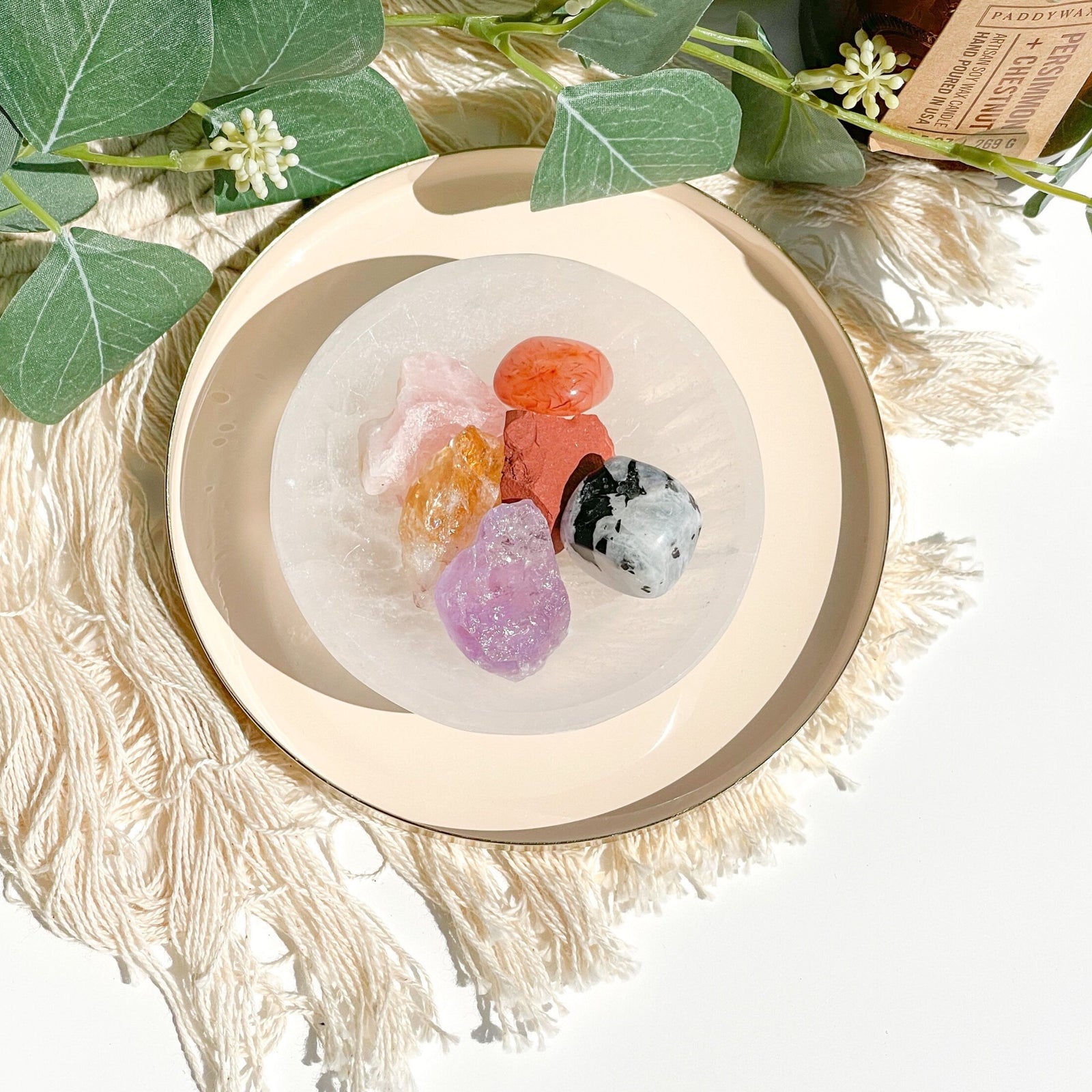 Cancer Zodiac Crystals + Selenite Bowl : Carnelian, Red Jasper, Moonstone, Amethyst, Citrine, Rose Quartz, Cotton Pouch & Info Card"
