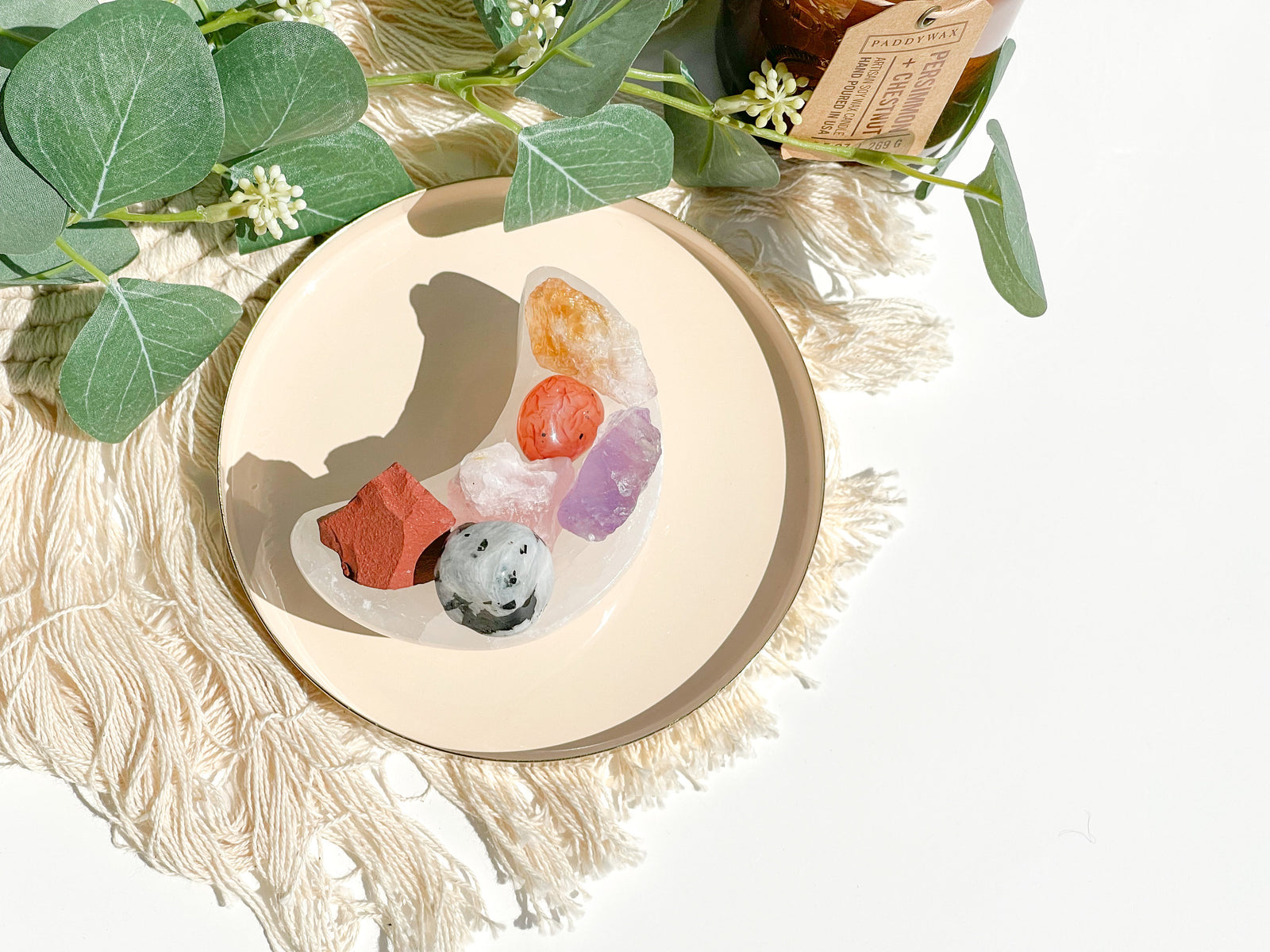 Cancer Zodiac Crystal Set : Selenite Moon Bowl, Carnelian, Red Jasper, Moonstone, Amethyst, Citrine, Rose Quartz, Cotton Pouch & Info Card"