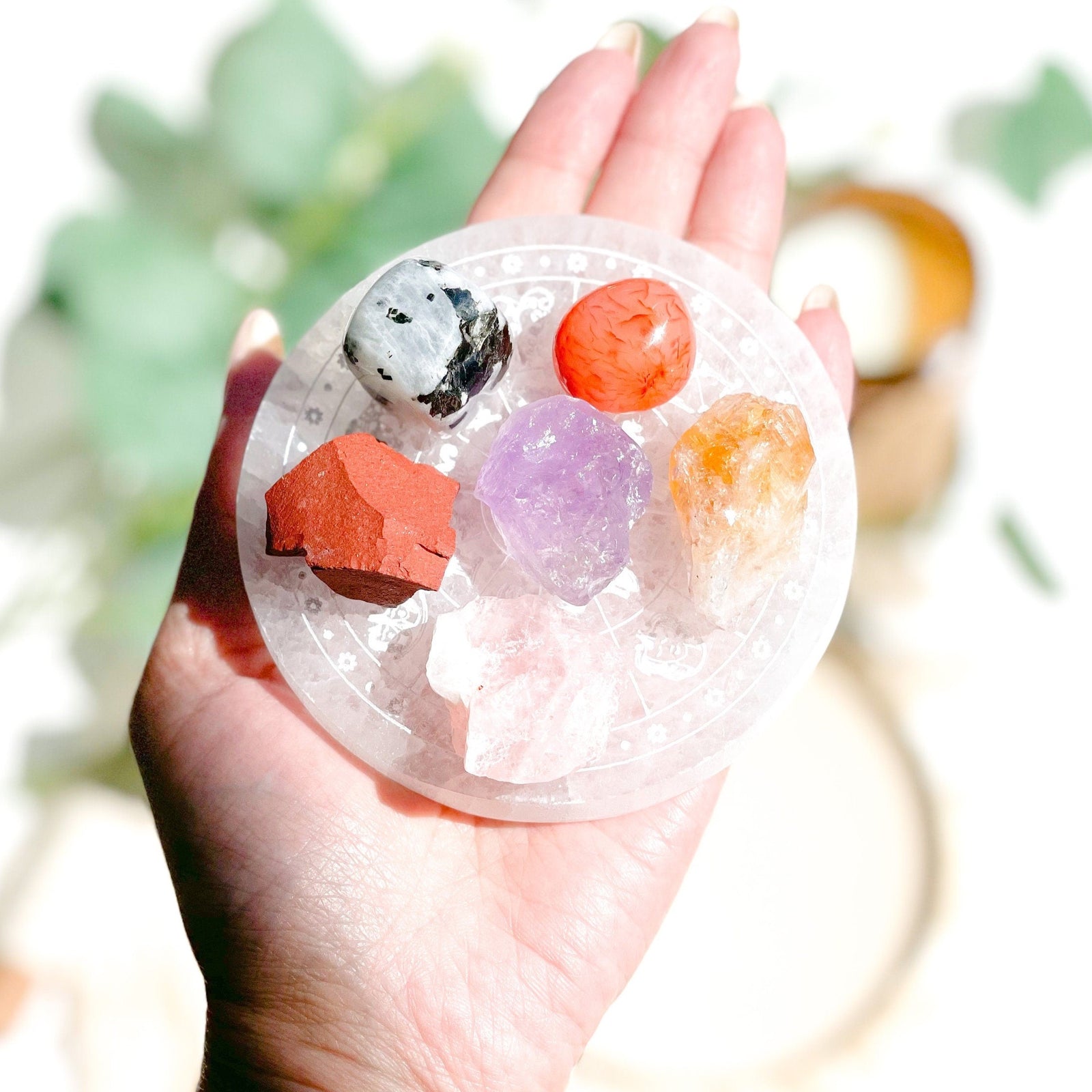 Zodiac Selenite Charging Plate Cancer Crystal Bundle: Carnelian, Red Jasper, Moonstone, Amethyst, Citrine, Rose Quartz, Cotton Pouch
