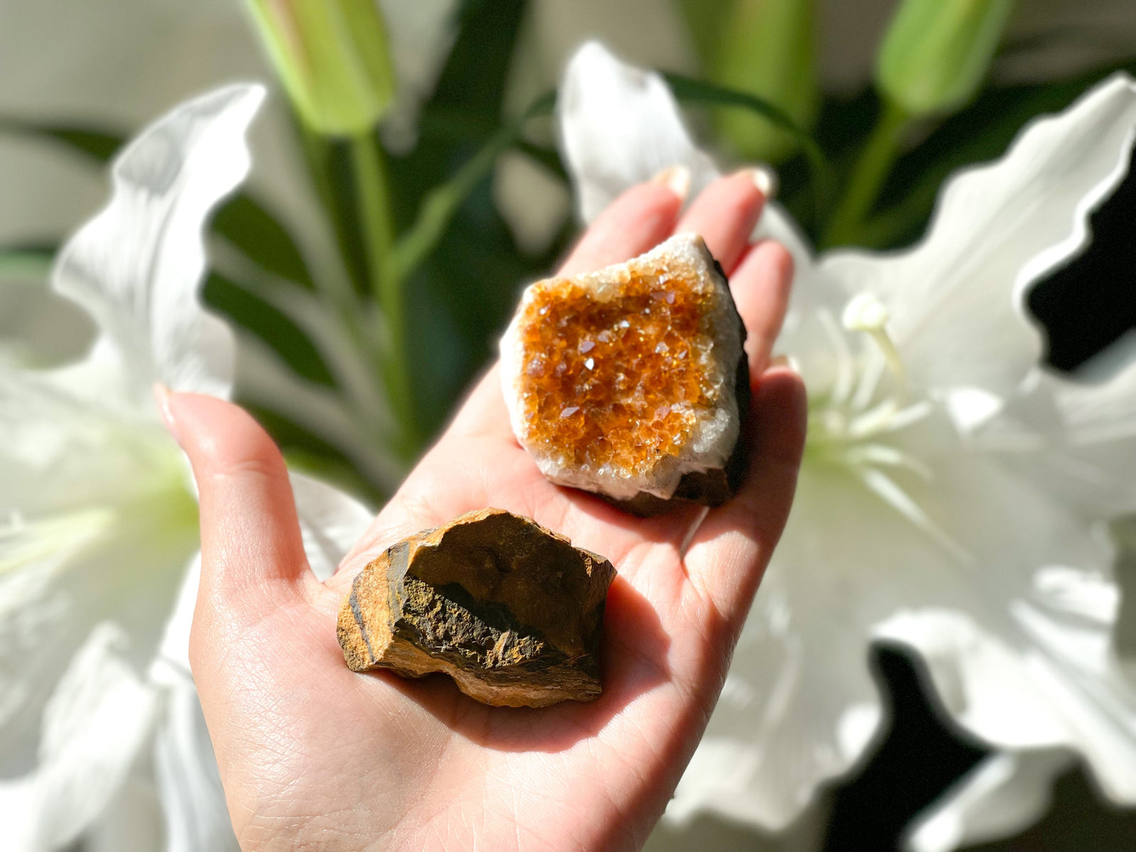 Raw Citrine Cluster & Tiger's Eye Crystal Set - Natural Energy Boost, Manifestation and Protection Duo for Abundance and Confidence"