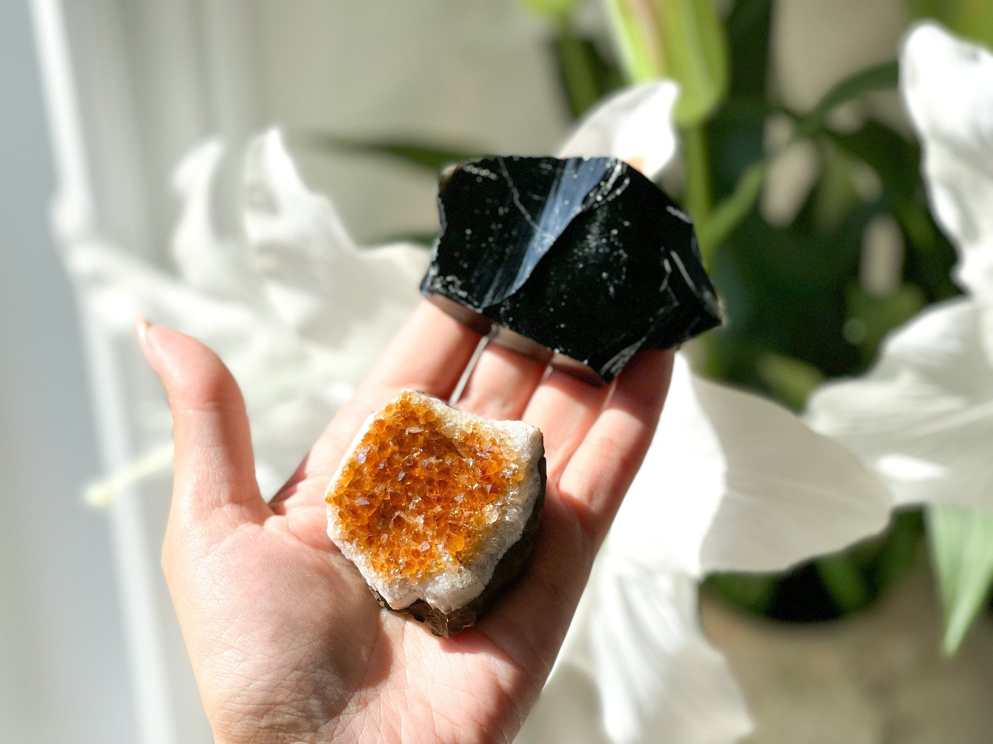Raw Citrine Cluster & Black Obsidian Crystal Set - Manifestation and Grounding Power Duo for Prosperity and Protection"