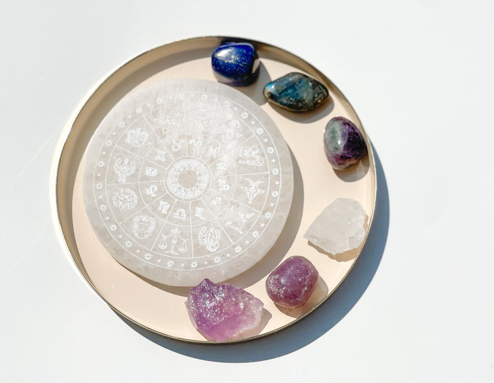 Zodiac Selenite Charging Plate Cancer Crystal Bundle: Carnelian, Red Jasper, Moonstone, Amethyst, Citrine, Rose Quartz, Cotton Pouch