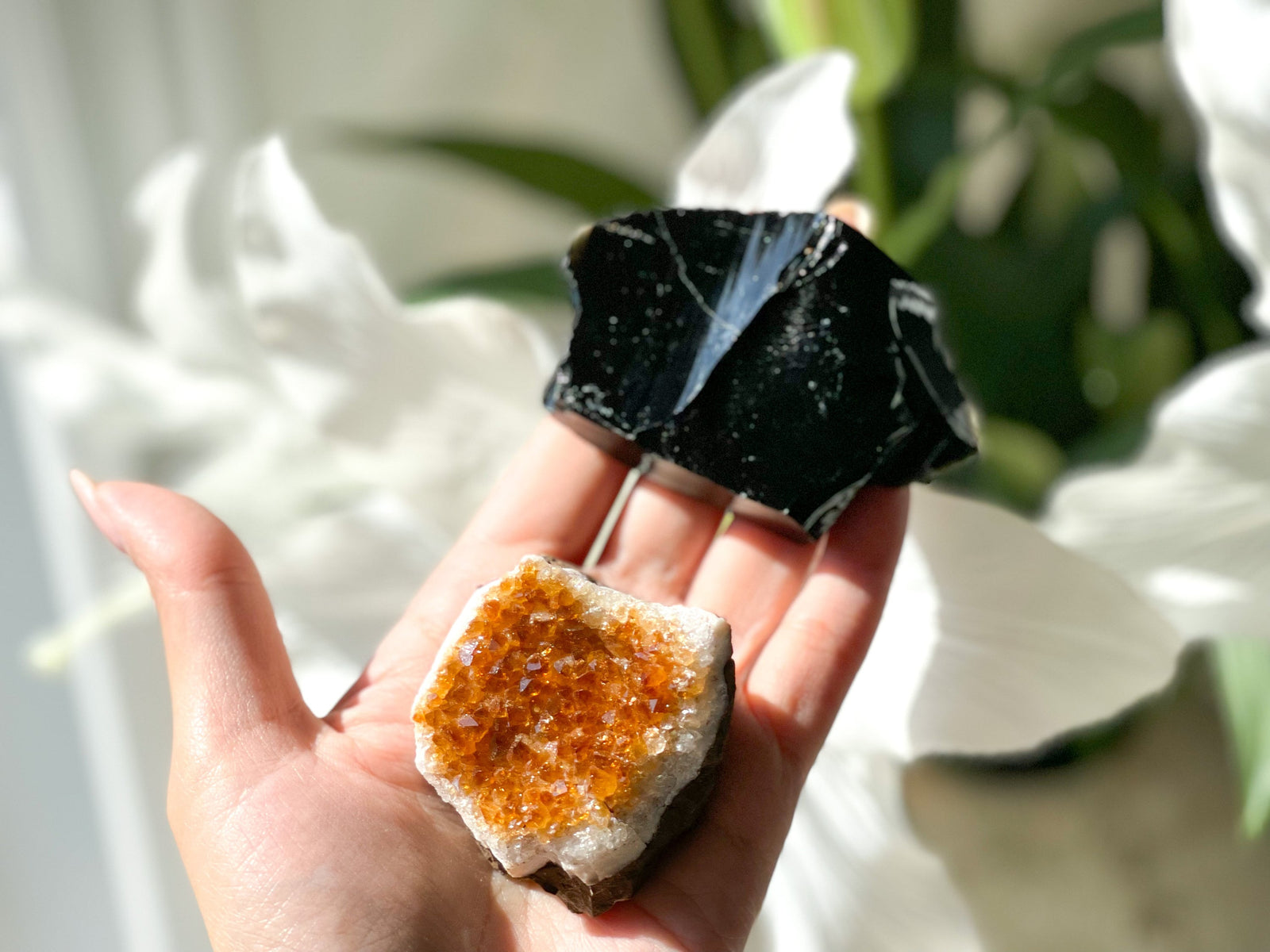 Raw Citrine Cluster & Black Obsidian Crystal Set - Manifestation and Grounding Power Duo for Prosperity and Protection"