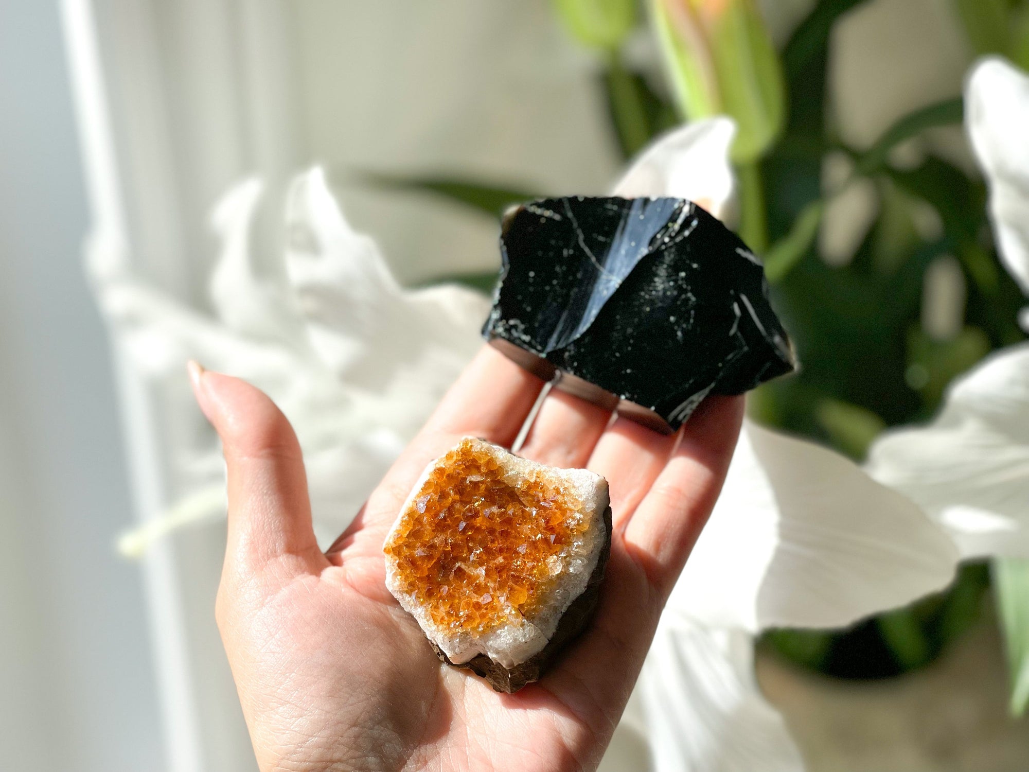 Raw Citrine Cluster & Black Obsidian Crystal Set - Manifestation and Grounding Power Duo for Prosperity and Protection"